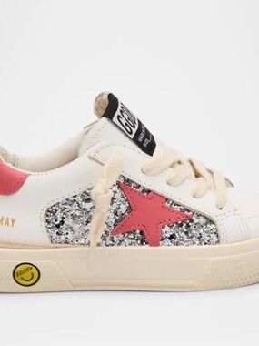 Golden Goose Kids White Sneaker with Pink Star and Silver Glitter